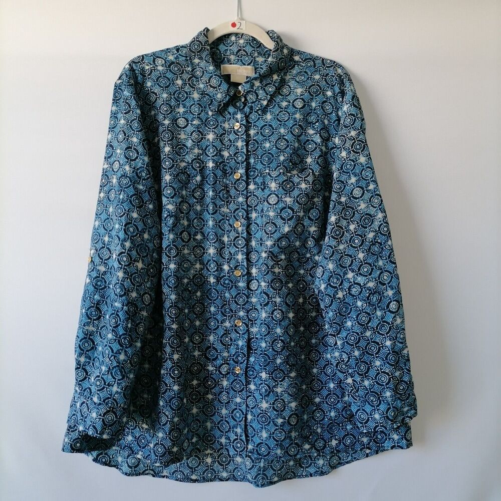 Michael Michael Kors Women's Blue Ikat Long Roll-Tab Sleeve Shirt Plus Size 2X